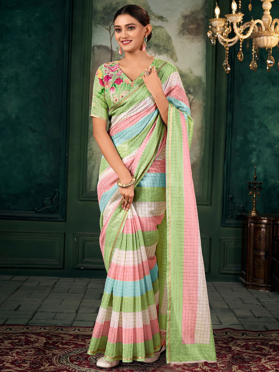 

Panzora Checked Zari Chanderi Saree With Unstitched Blouse Piece, Green