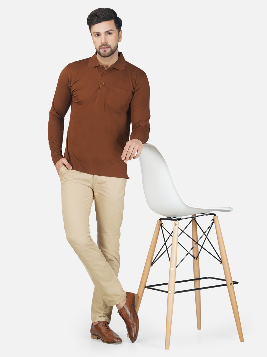 

ALARM Men Solid Polo Collar Cotton Slim Fit T-shirt, Coffee brown