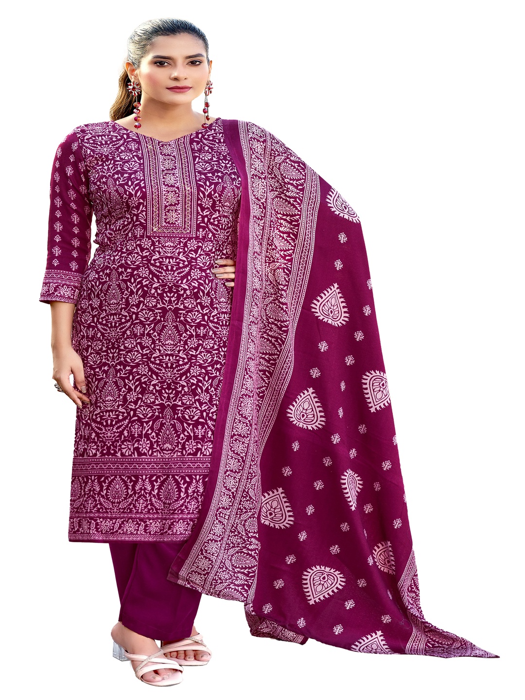 

DRAVINAM Trends Floral Printed Pashmina Unstitched Dress Material, Maroon