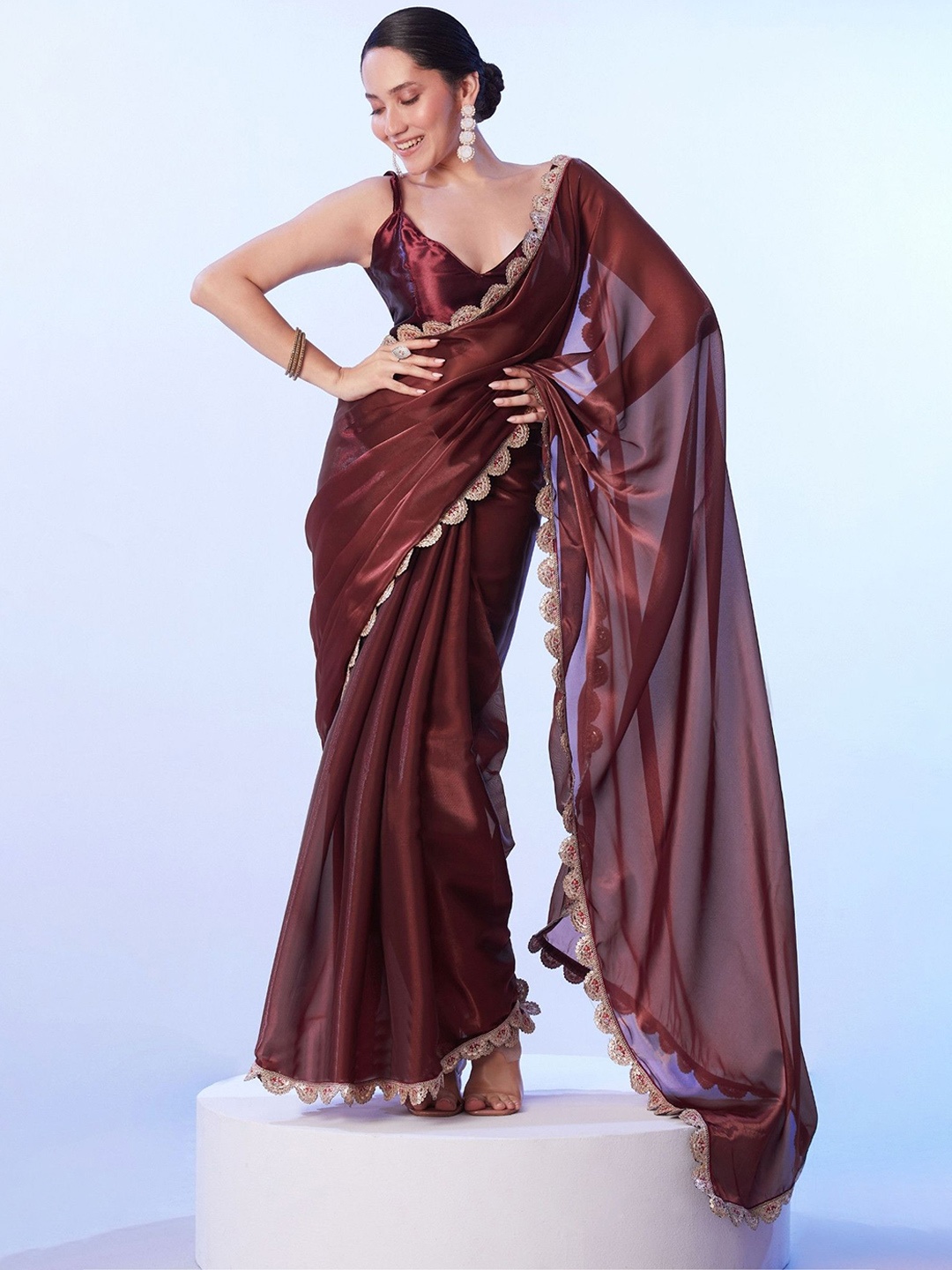 

MySilkLove Embroidered Saree, Brown