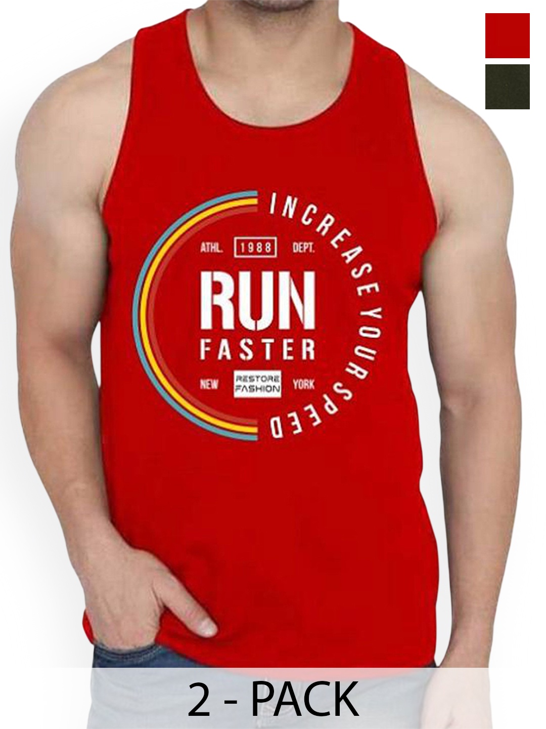 

Woostro Men Pack Of 2 Printed Cotton Gym Innerwear Vests RS26 CMB (RUN RED) (HARD OLIVE)