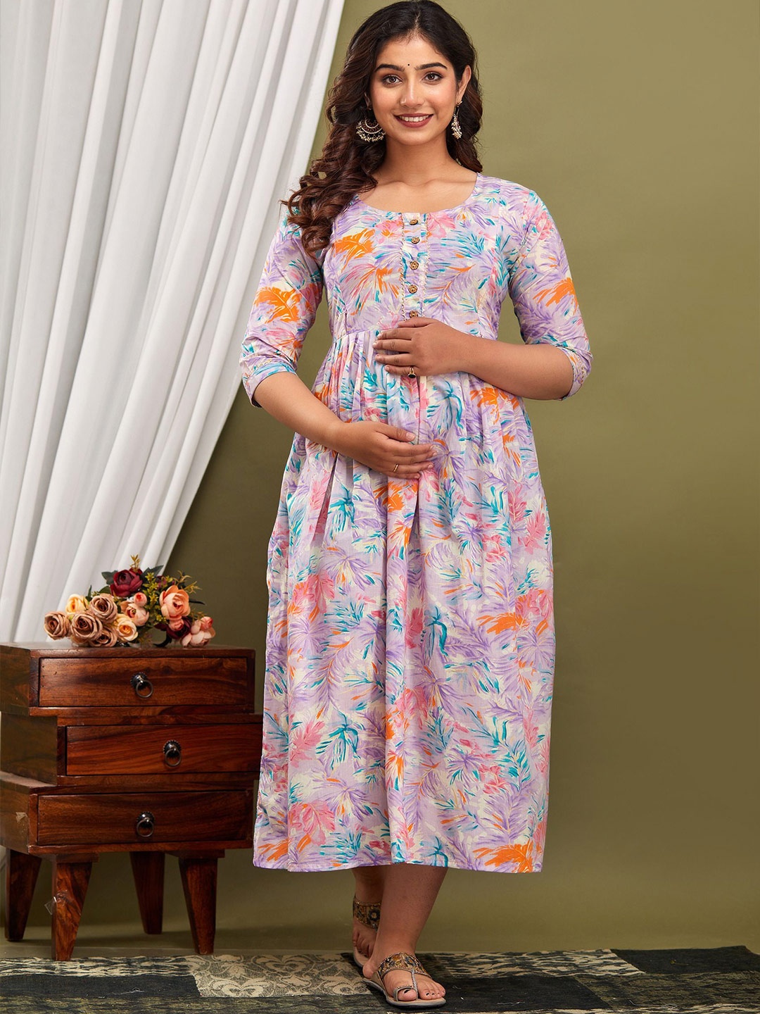 

UrbanRang Women Floral Printed Maternity Fit and Flare Dress, Off white