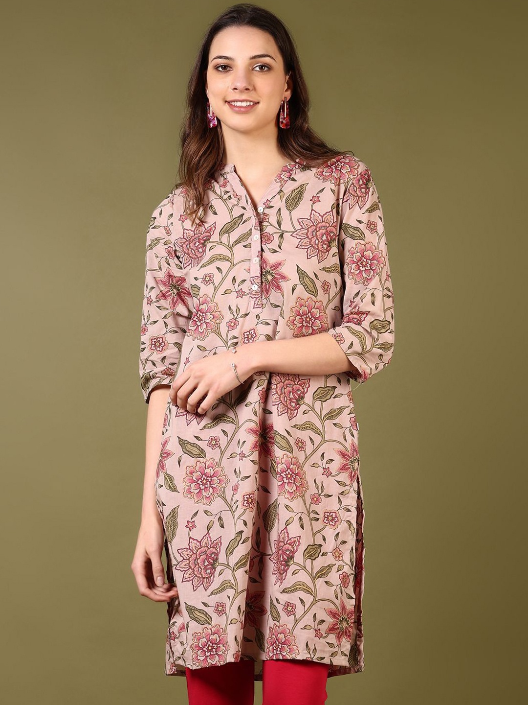 

V-Mart Floral Printed Mandarin Collar Cotton Straight Kurta, Pink