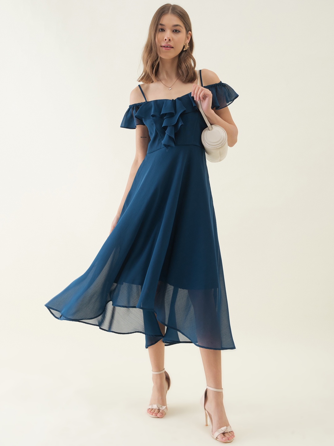 

OCTICS Women Shoulder Straps Chiffon Fit & Flare Maxi Dress with Ruffles Details, Blue
