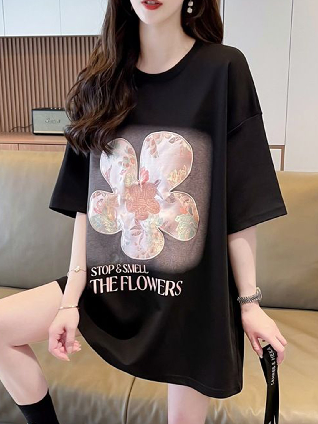 

StyleCast x Revolte Women Print Cotton Longline Top, Black