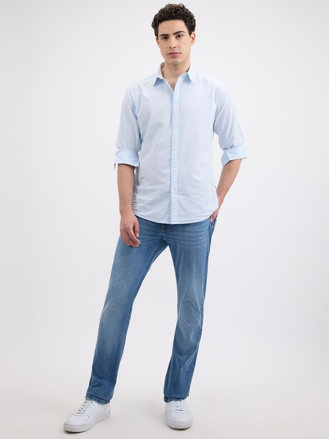 

Pepe Jeans Men Spread Collar Textured Cotton Casual Shirt, Blue