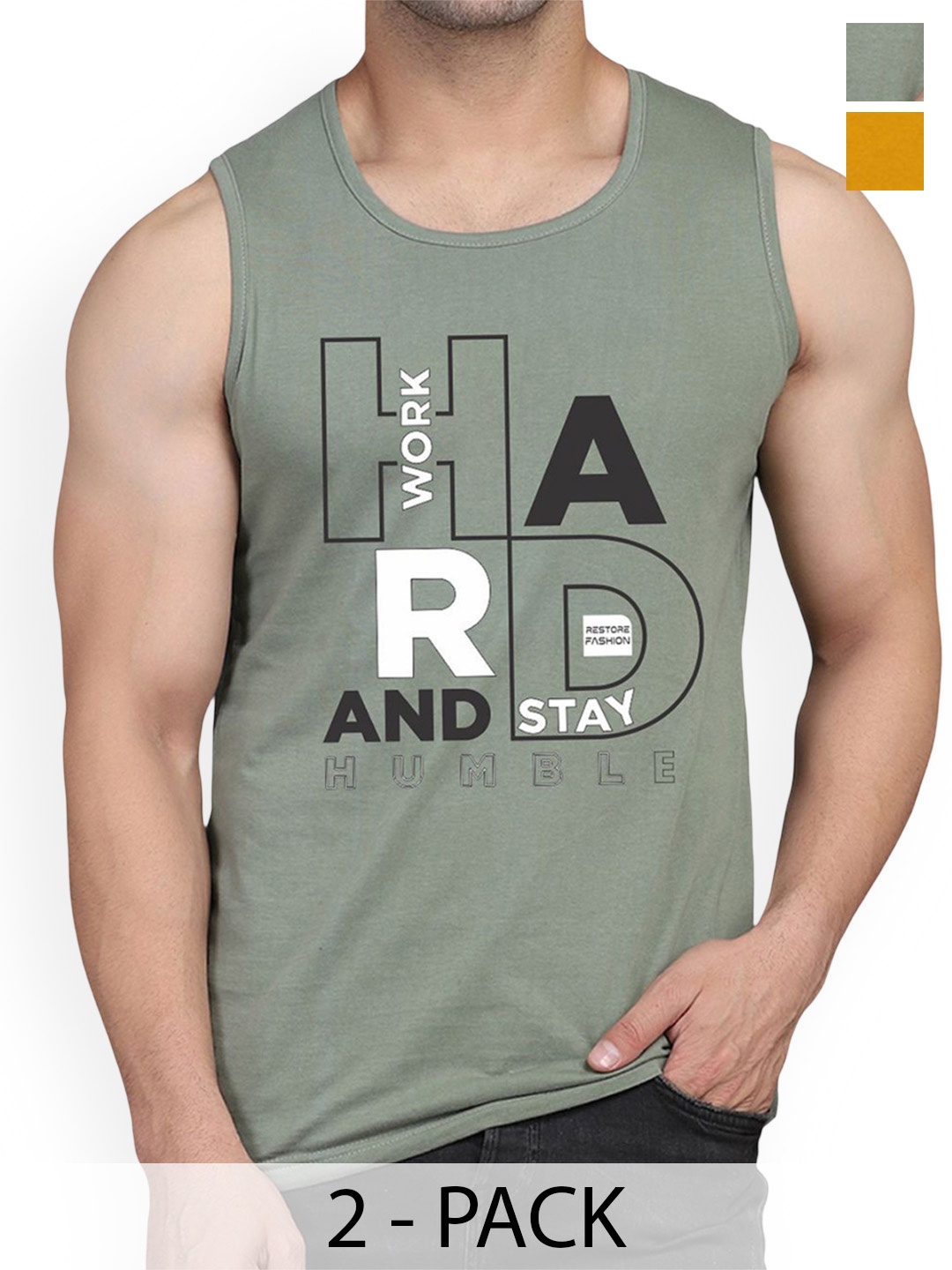 

Woostro Pack Of 2 Printed Cotton Gym Vests RS26 CMB (HARD MUSTARD) (HARD LGTGREEN)
