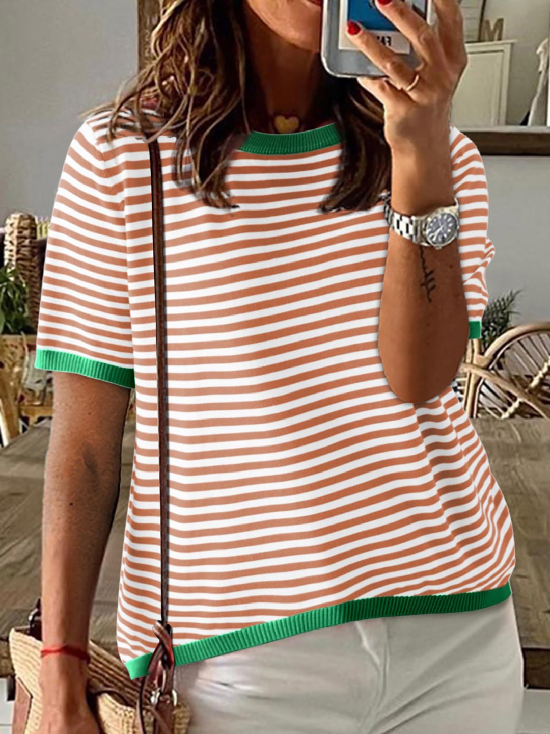 

StyleCast x Revolte Striped Round Neck Relaxed Fit Top, Green
