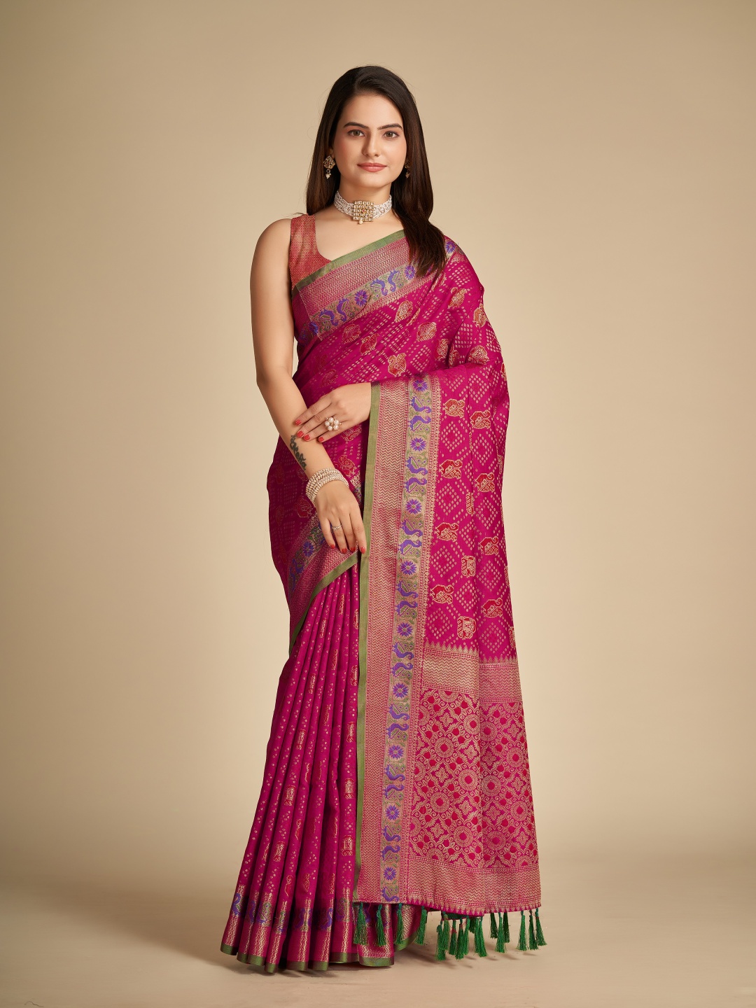 

Munir Woven Design Zari Silk Blend Patola Saree, Pink