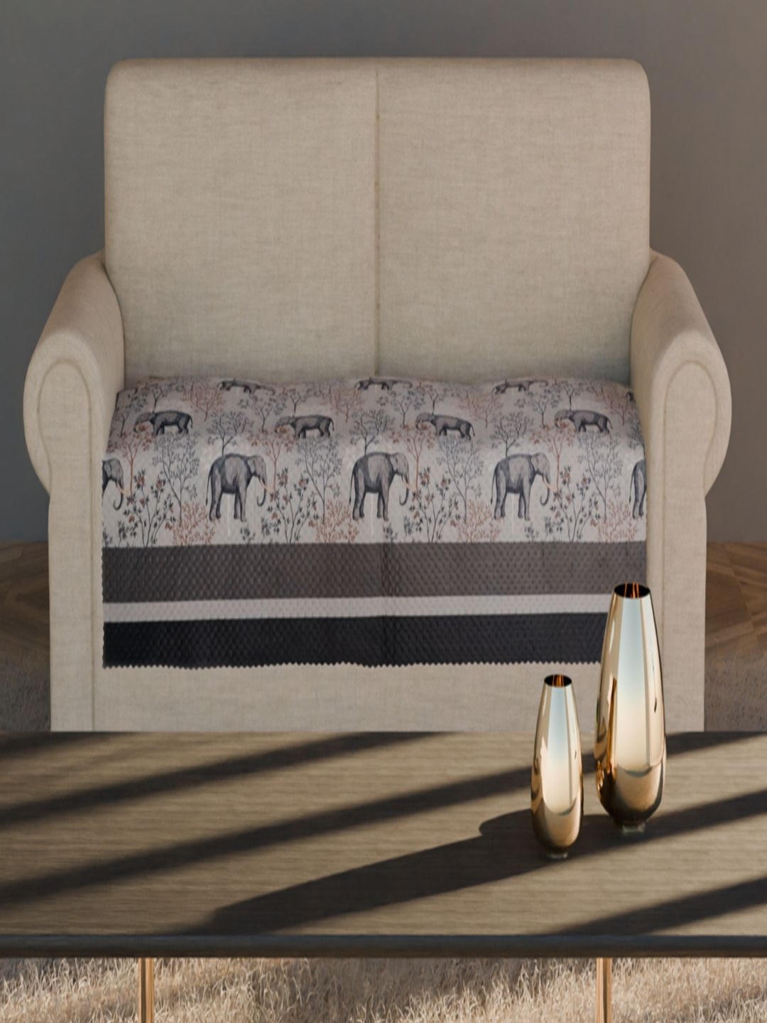 

Fashion Throw Beige & Grey Elephant Printed Velvet 2 Seater Sofa Cover