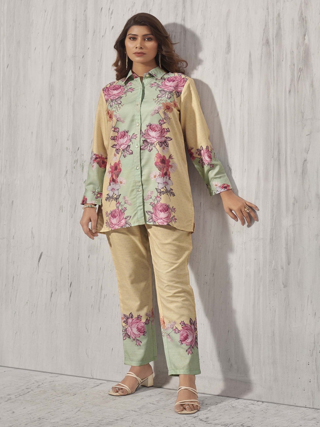 

Anouk Yellow And Green Floral Printed Shirt With Trouser