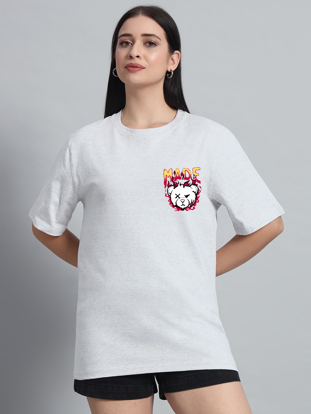 

N1F FASHION Women Graphic Printed Round Neck Cotton Oversized T-shirt, Grey