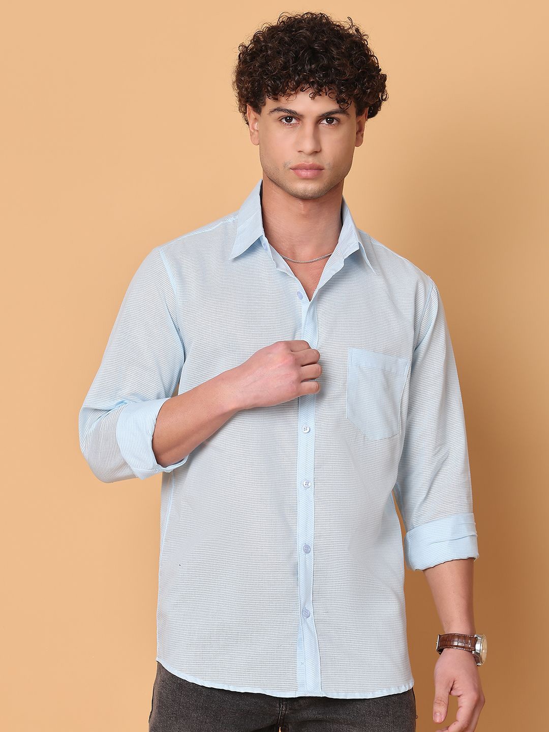 

Tanip Men Spread Collar Textured Cotton Casual Shirt, Blue