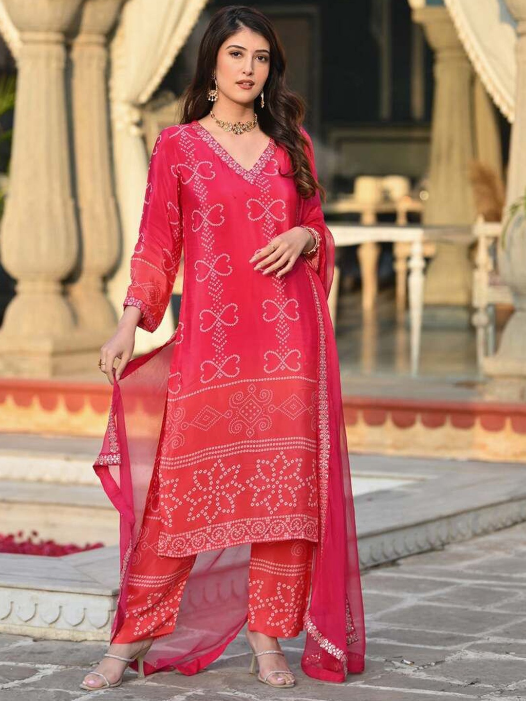 

KALINI Women Bandhani Embroidered Regular Kurta with Pyjamas & With Dupatta, Pink