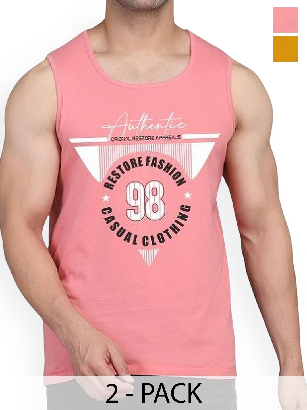 

WOOSTRO Pack Of 2 Printed Combed Cotton Gym Vest RS26 CMB (HARD MUSTARD) (98 PEACH)
