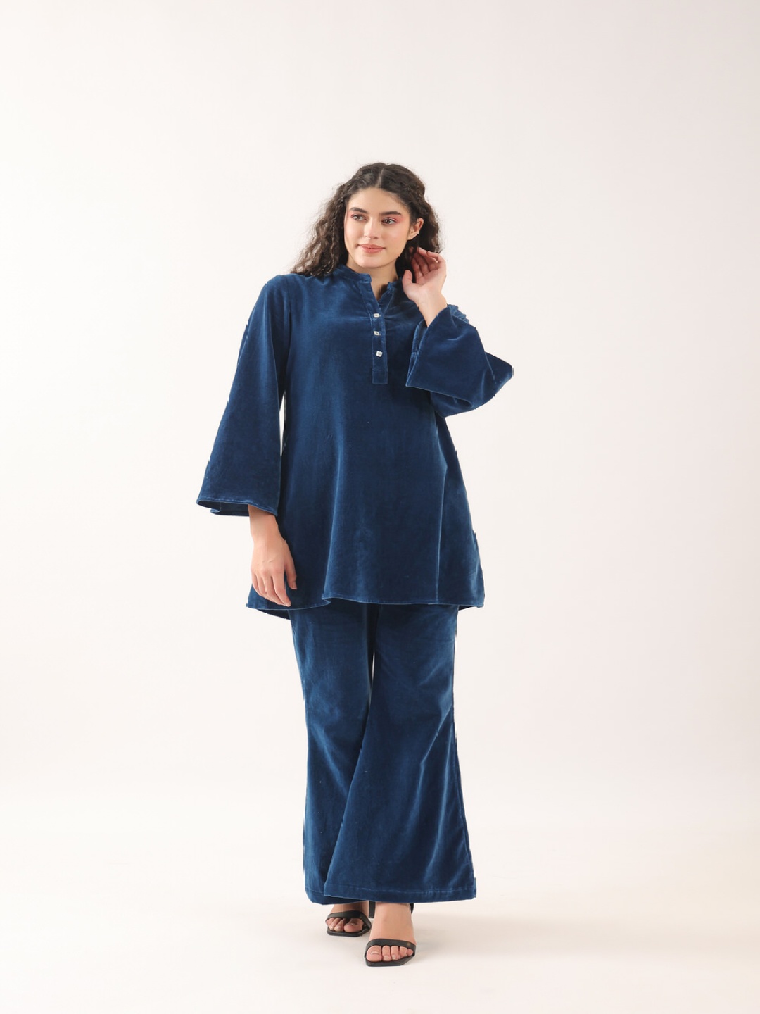 

JISORA Solid Mandarin Collar Pure Cotton Co-ord Set, Blue