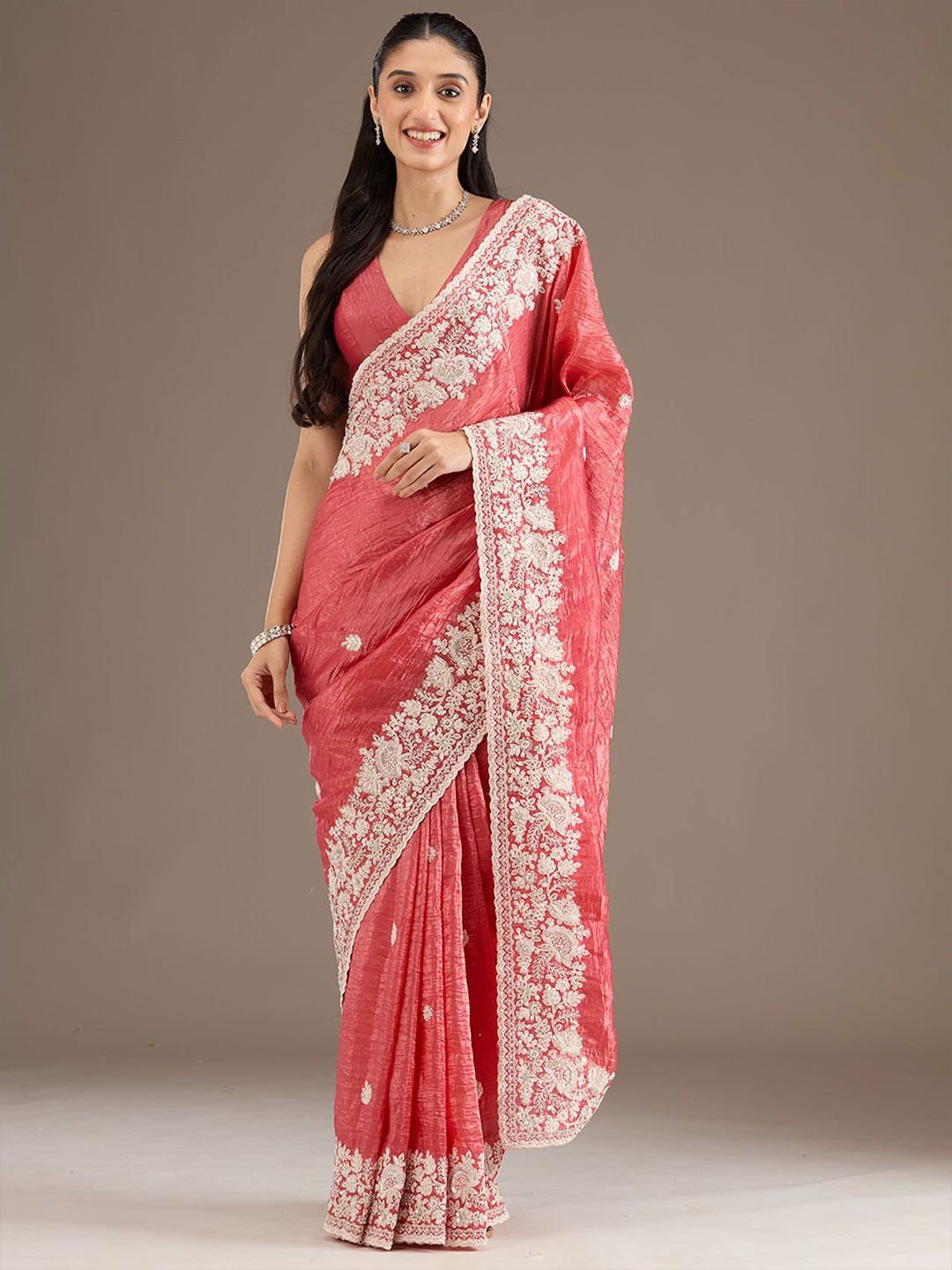 

Koskii Pink Embellished Tissue Saree