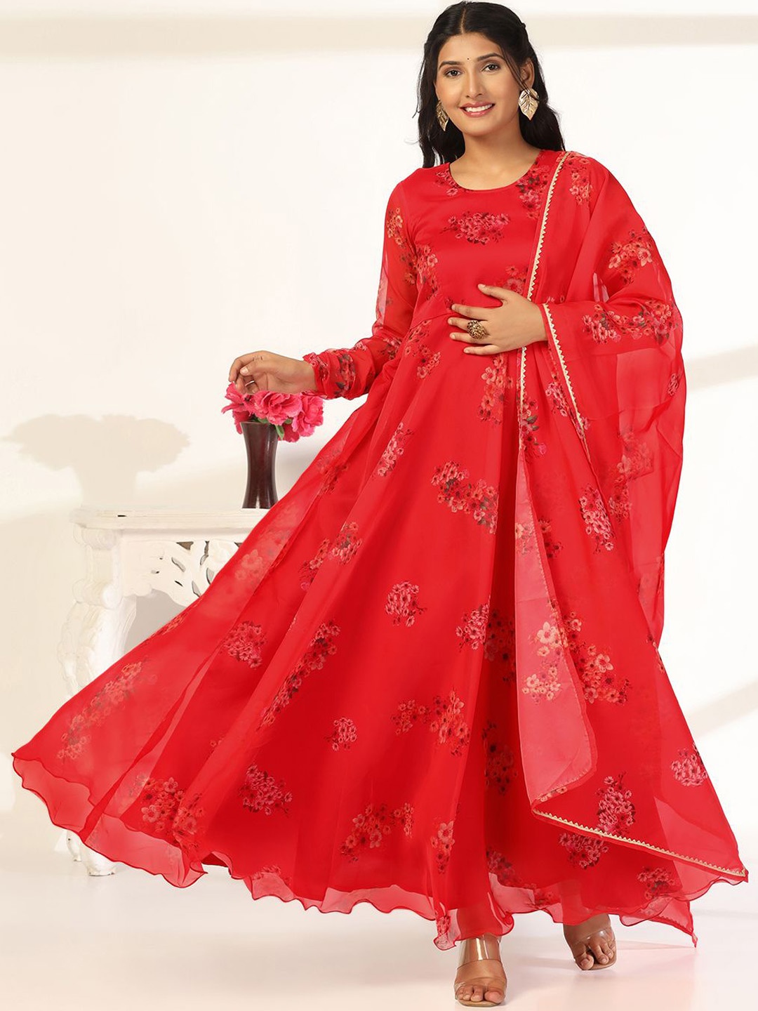 

Moda Rapido Floral Printed Maxi Ethnic Dress With Dupatta, Red