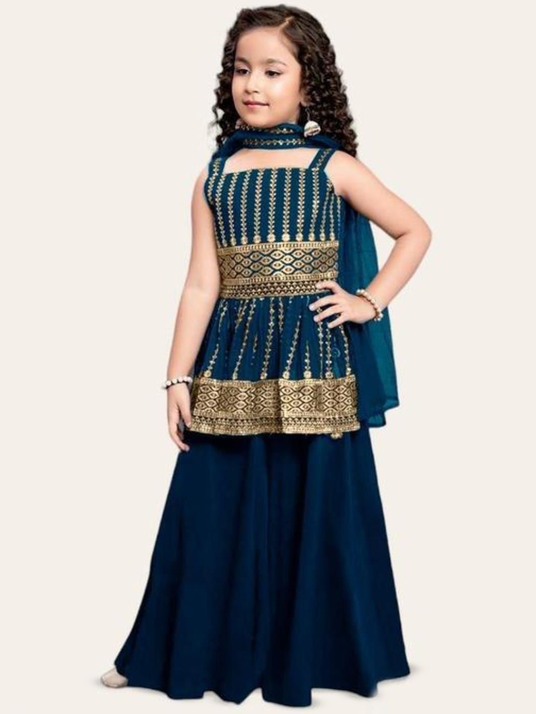 

JEVIK CREATION Girls Printed Kurti & Sharara With Dupatta, Blue