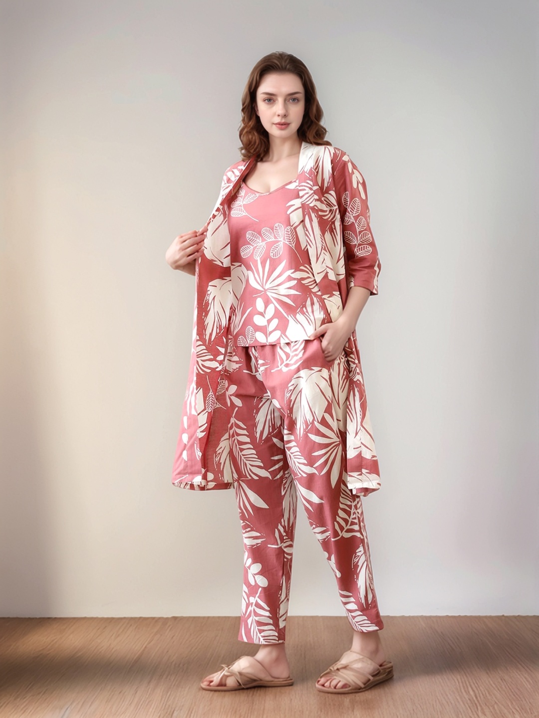 

BAESD Printed Pure Cotton Tunic With Trousers With Shrug, Peach