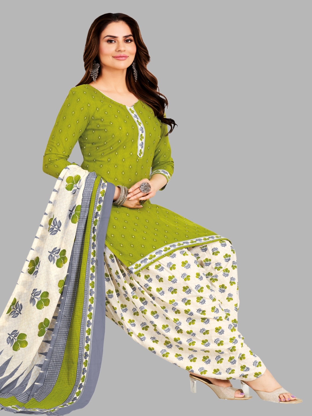 

Simmu Ethnic Motifs Printed Pure Cotton Unstitched Dress Material, Green