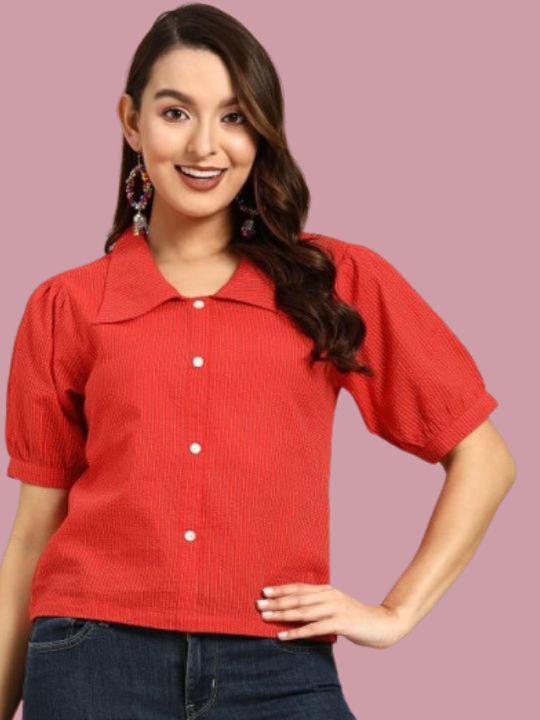 

DressBerry Women Spread Collar Textured Cotton Casual Shirt, Red