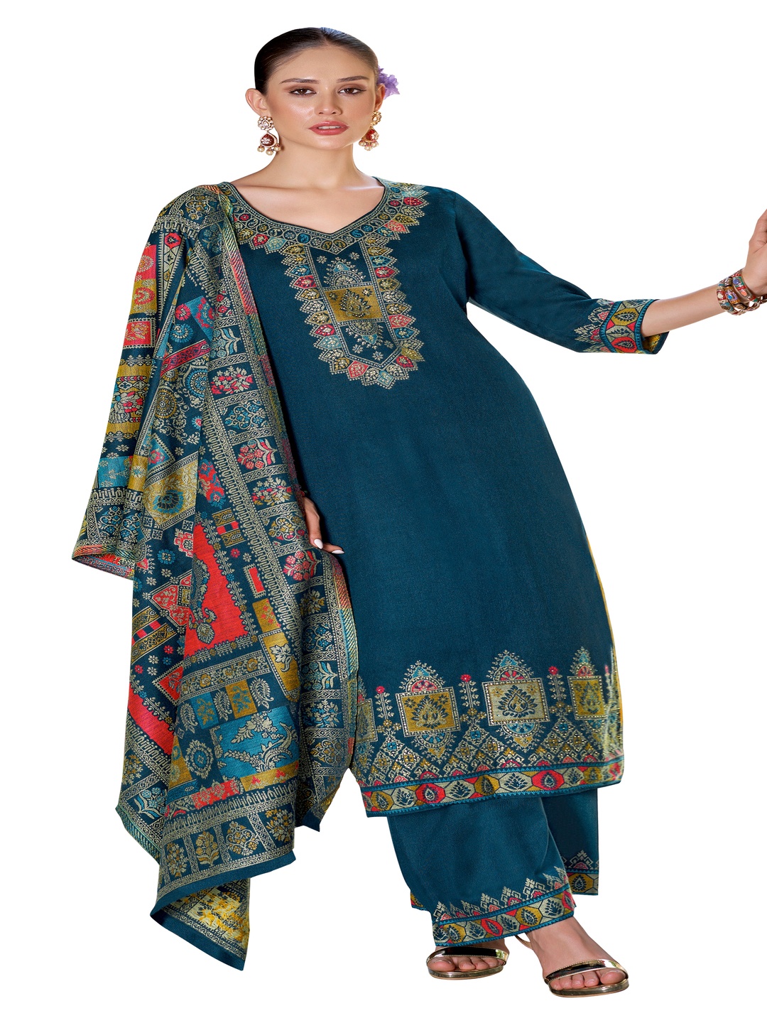 

DRAVINAM Trends Ethnic Motifs Woven Design Unstitched Dress Material, Blue