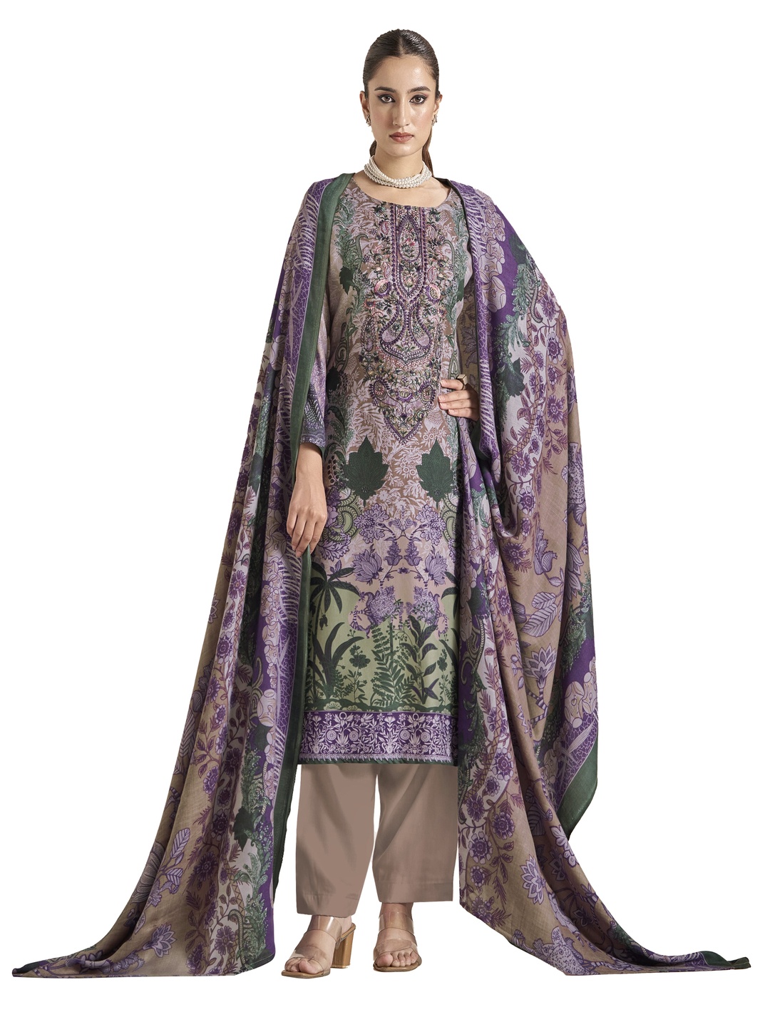 

DRAVINAM Trends Paisley Embroidered Zari Work Pashmina Unstitched Dress Material, Purple