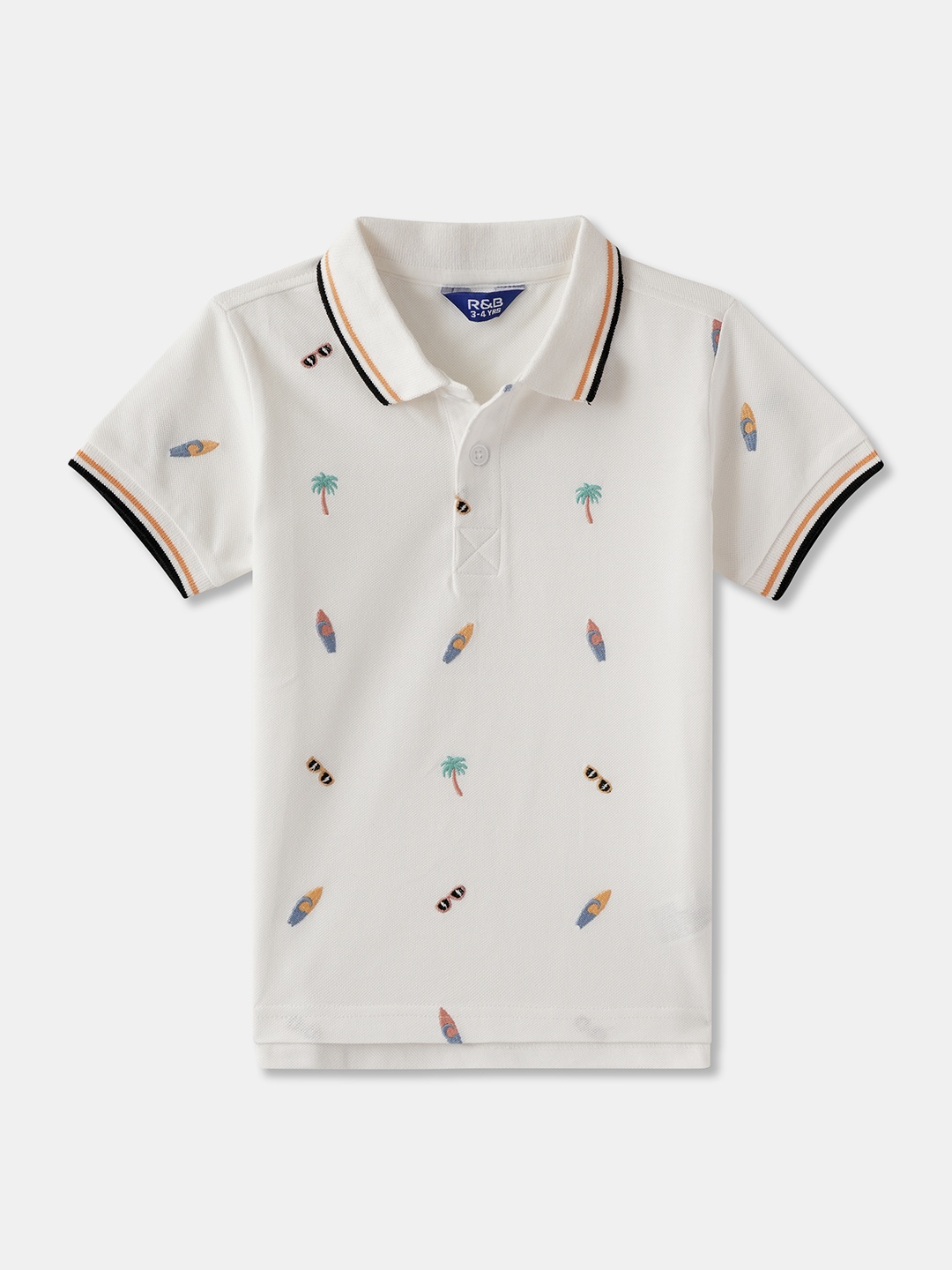 

R&B Boys Colourblocked Polo Collar Cotton Relaxed Fit T-shirt, White