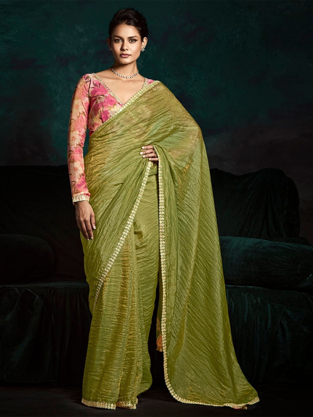 

MySilkLove Women Embroidered Tissue Saree, Green