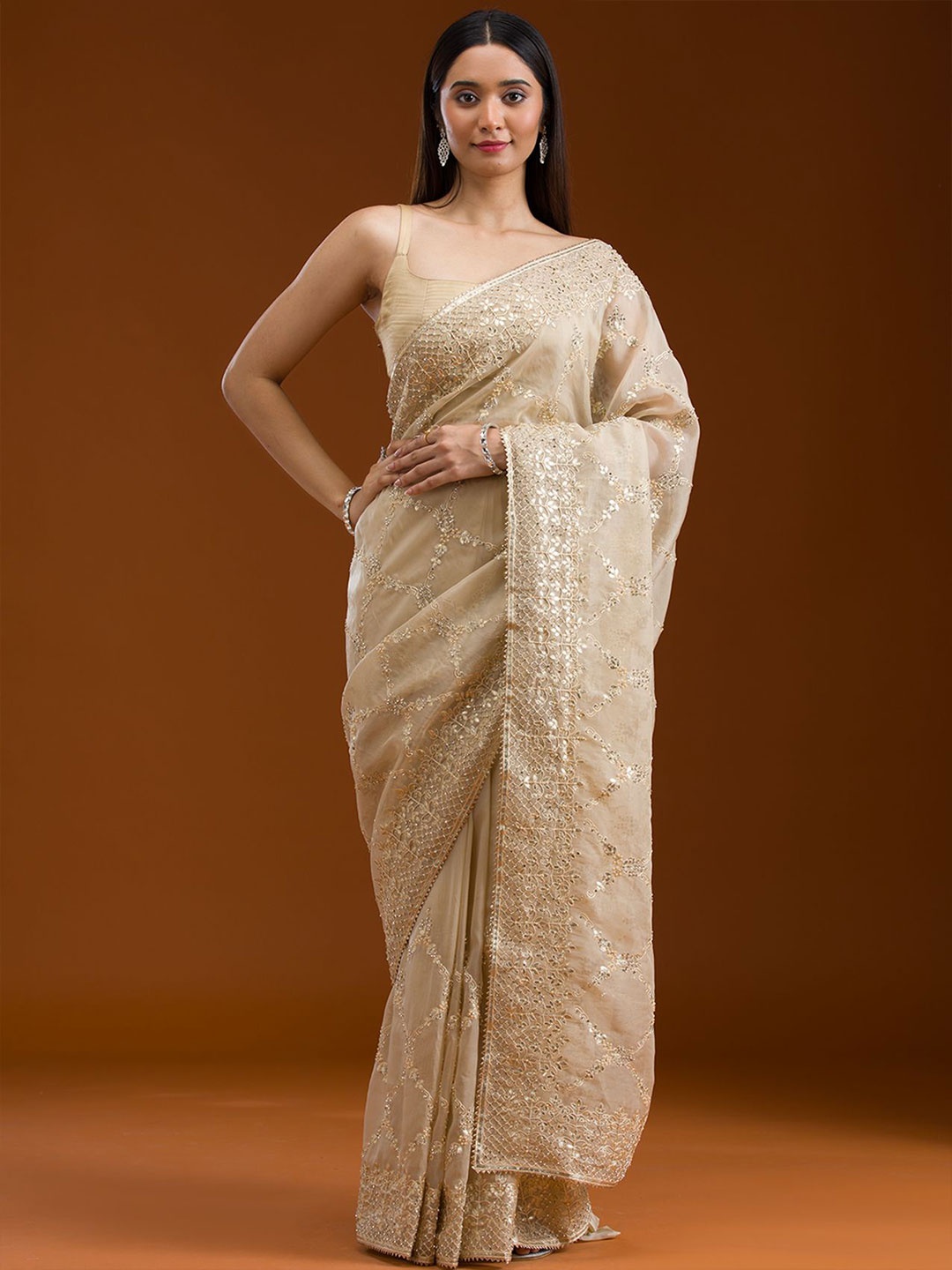 

Koskii Beige Gotapatti Tissue Saree