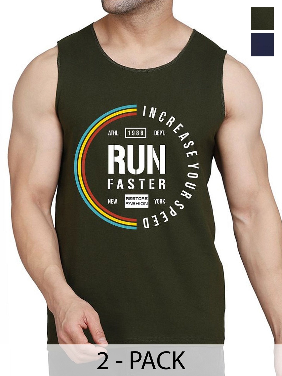 

Woostro Men Pack Of 2 Printed Cotton Gym Innerwear Vests RS26 CMB (RUN OLIVE) (HARD NAVY)