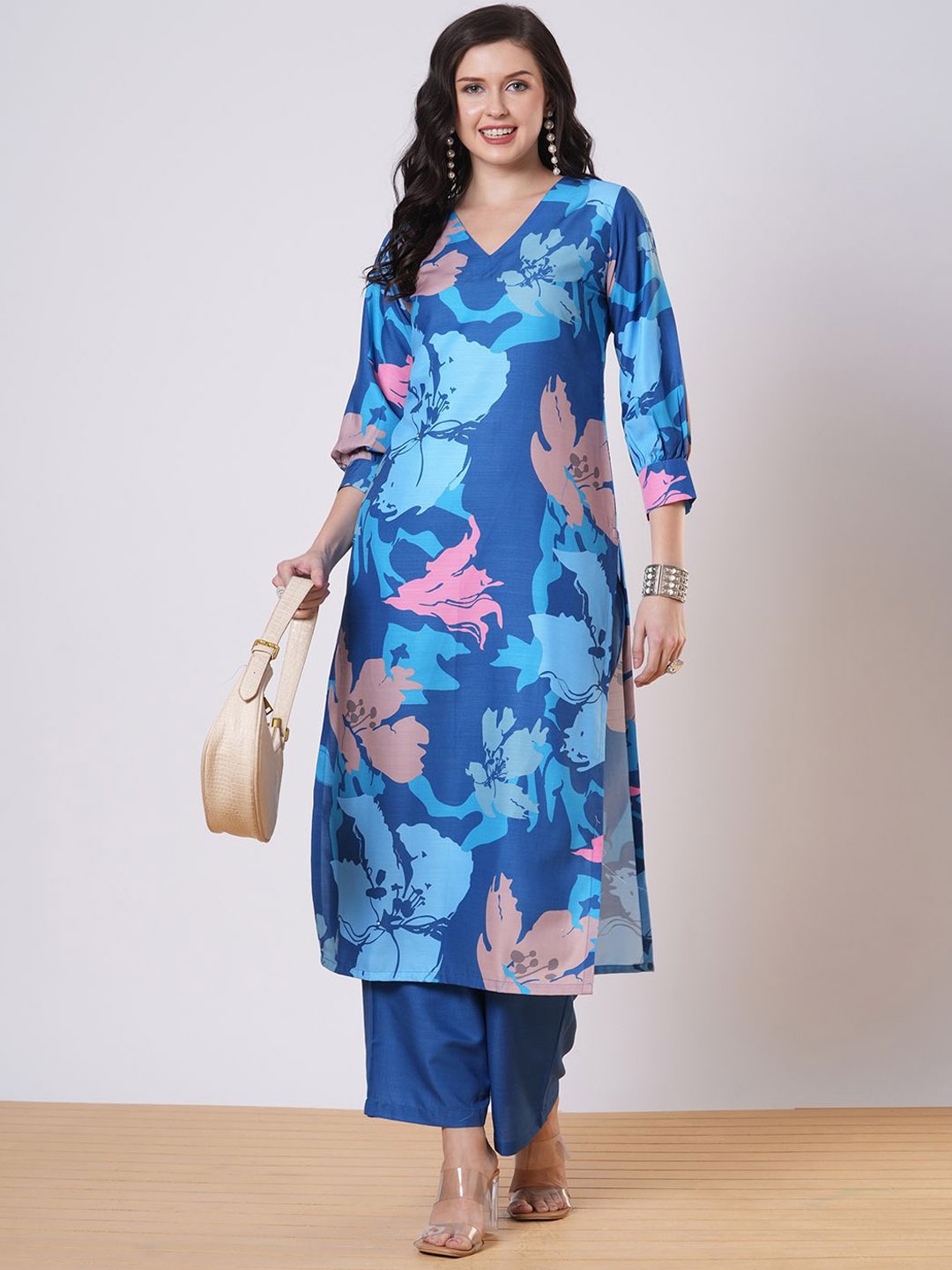 

Anni Designer Floral Printed V-Neck A-Line Kurta With Palazzos, Turquoise blue