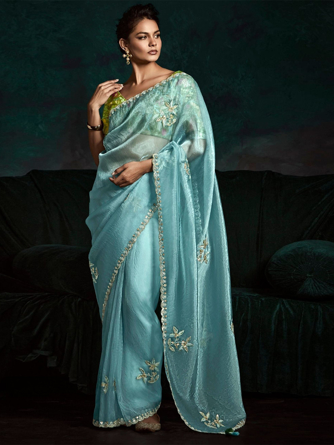 

MySilkLove Floral Embroidered Tissue Saree, Blue