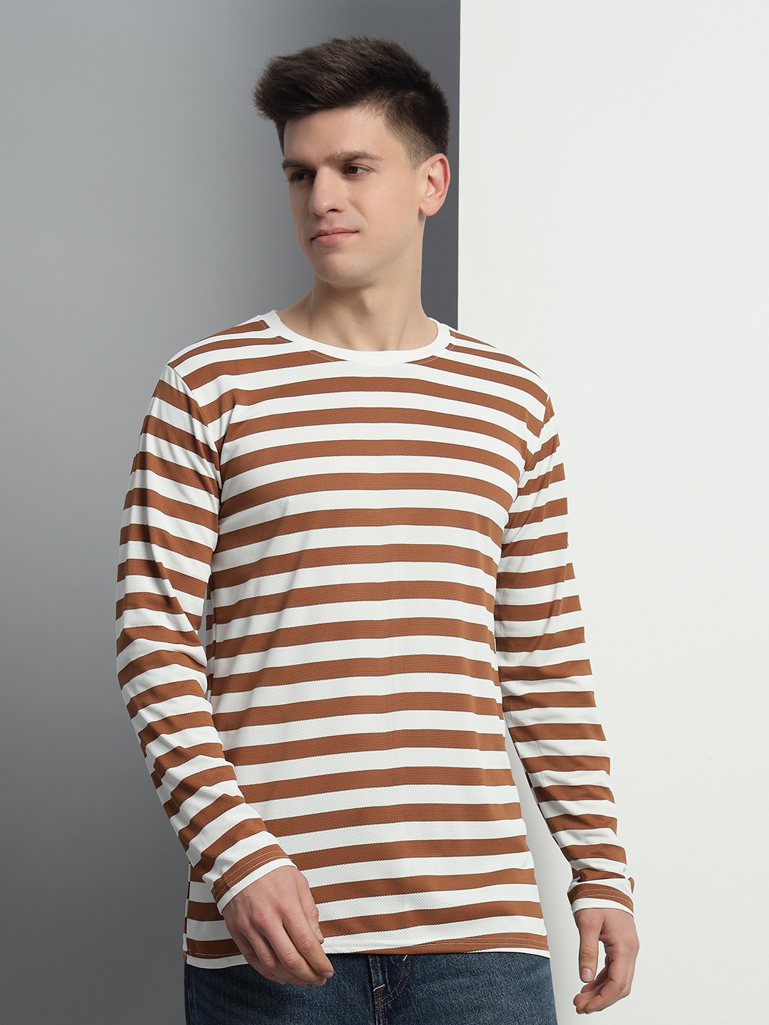 

Metronaut Men Striped Round Neck Cotton Slim Fit T-shirt, Brown