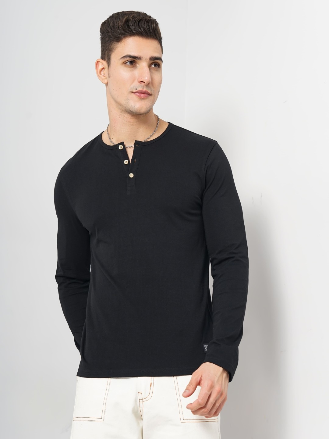 

Genoa Men Solid Henley Neck Cotton T-shirt, Black