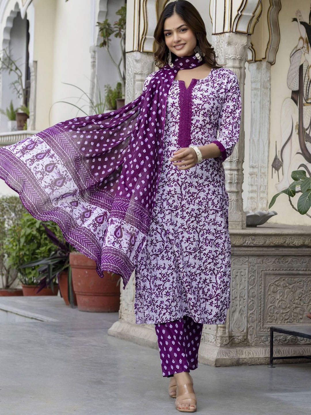 

KALINI Ethnic Motifs Printed Pure Cotton Notch Neck Straight Kurta With Trouser & Dupatta, Purple