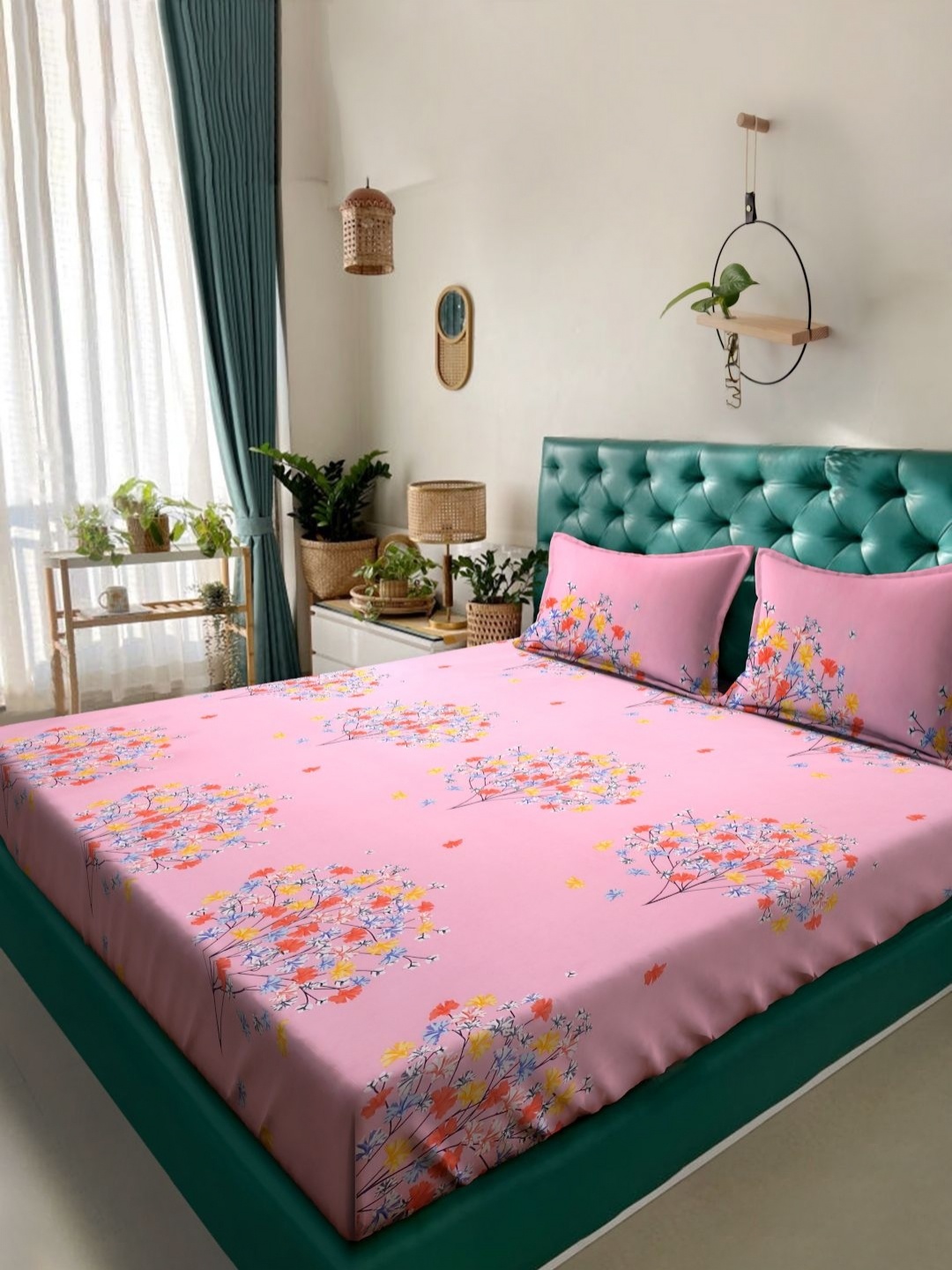 

HOSTA HOMES Pink & Blue Geometric 300 TC Queen Bedsheet with 2 Pillow Covers