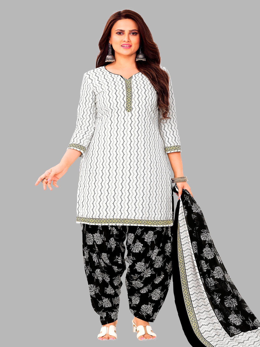 

shree jeenmata collection Chevron Printed Pure Cotton Unstitched Dress Material, White