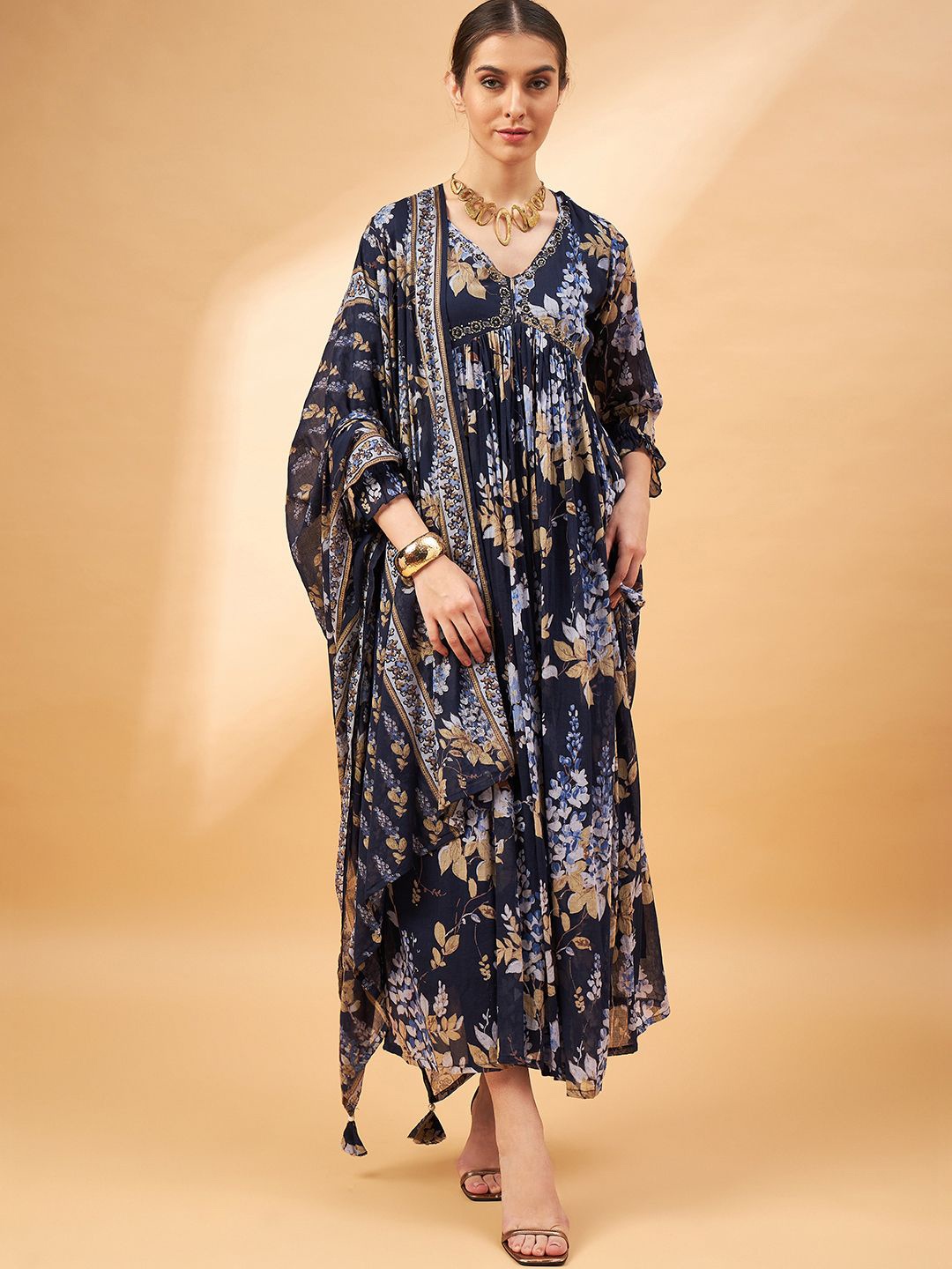 

CHETI Floral Printed V-Neck Empire Thread Work A-Line Kurta With Trousers & Dupatta, Blue