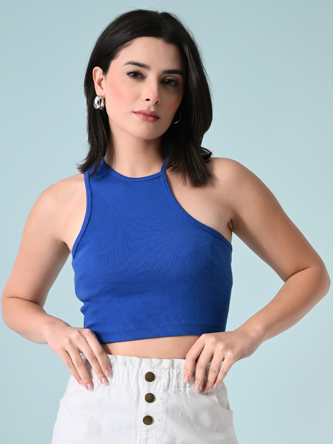 

Unifringe Women Halter Neck Cotton Fitted Crop Top, Blue