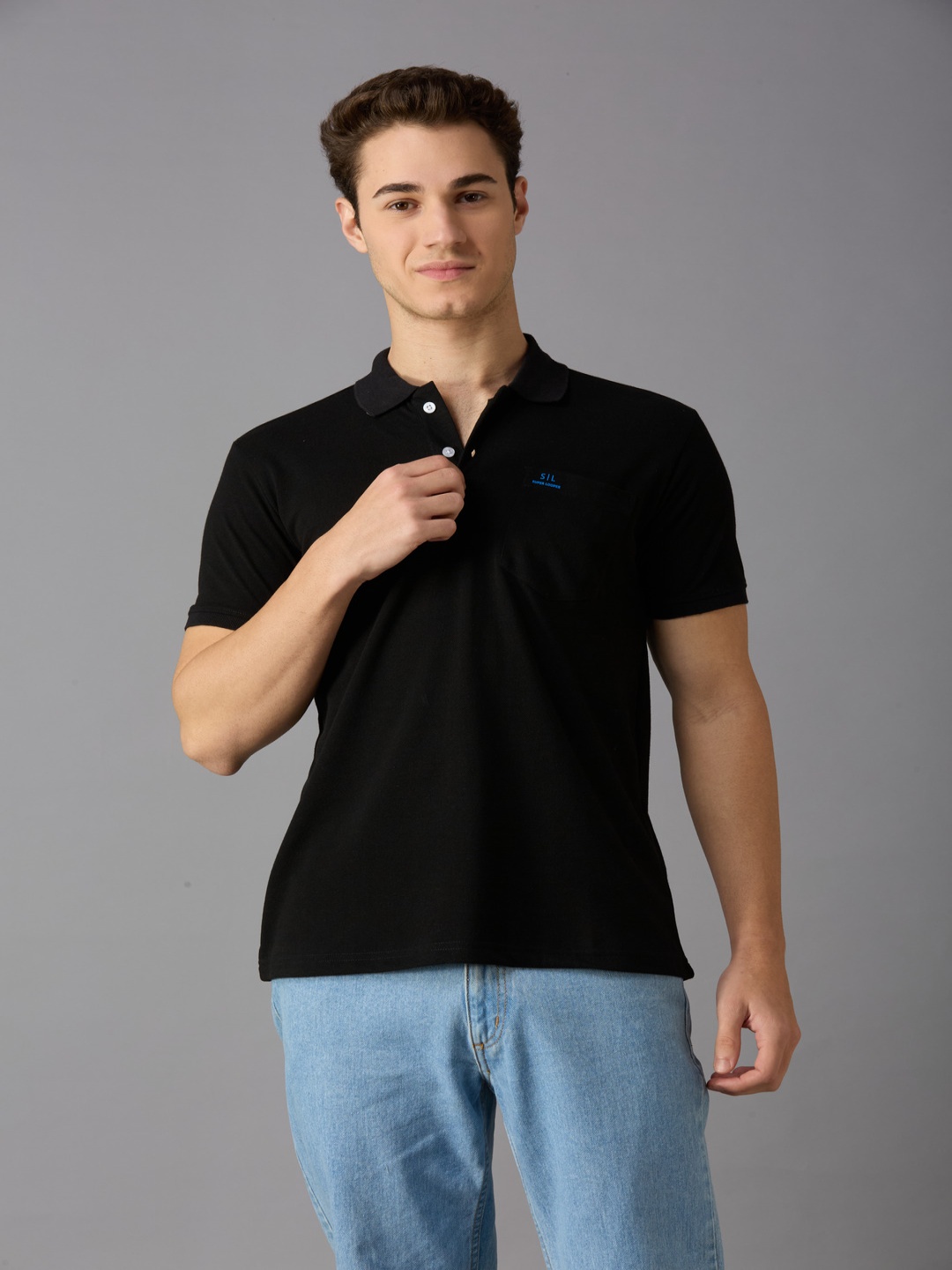 

Autumn Hues Men Solid Polo Collar Cotton Slim Fit T-shirt, Black