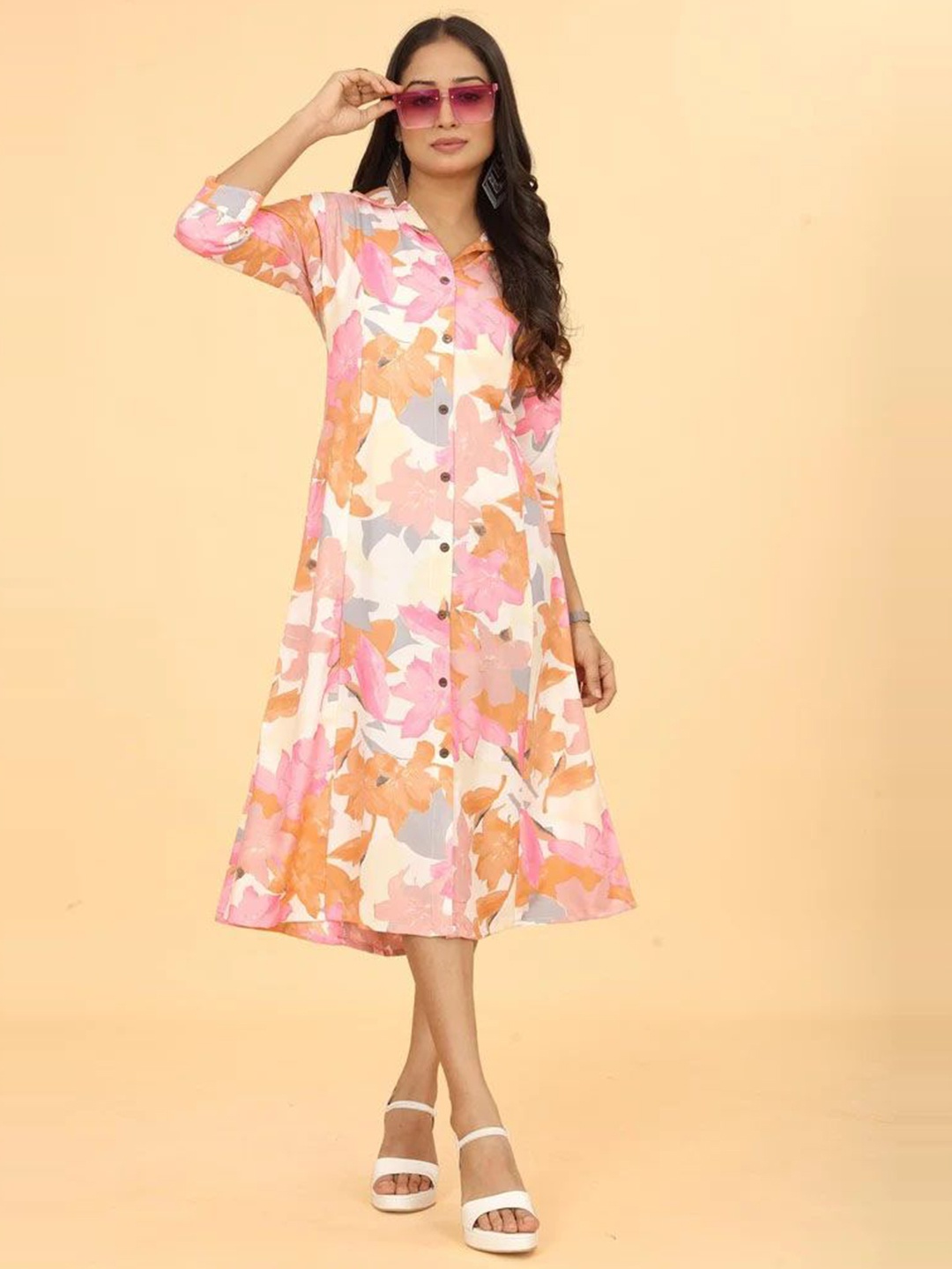 

Anouk Women Floral Printed Shirt Collar A-Line Midi Dress, Cream