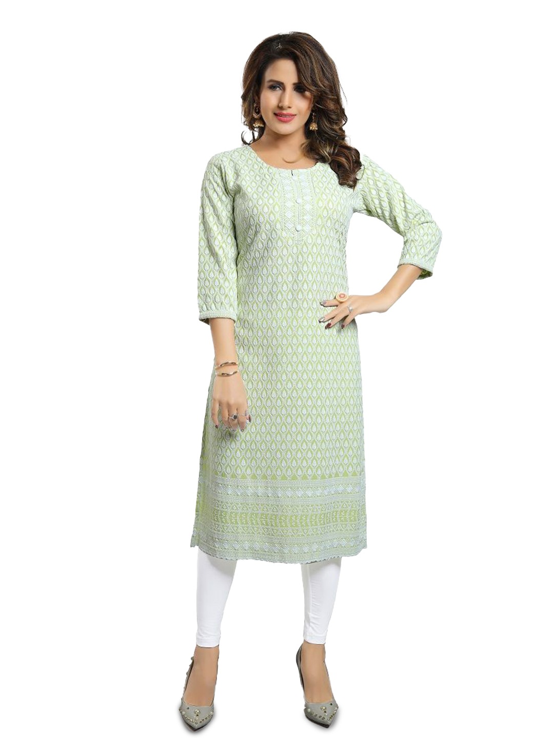 

DREAM & DZIRE Floral Embroidered Chikankari Round Neck Chanderi Silk Straight Kurta, Green