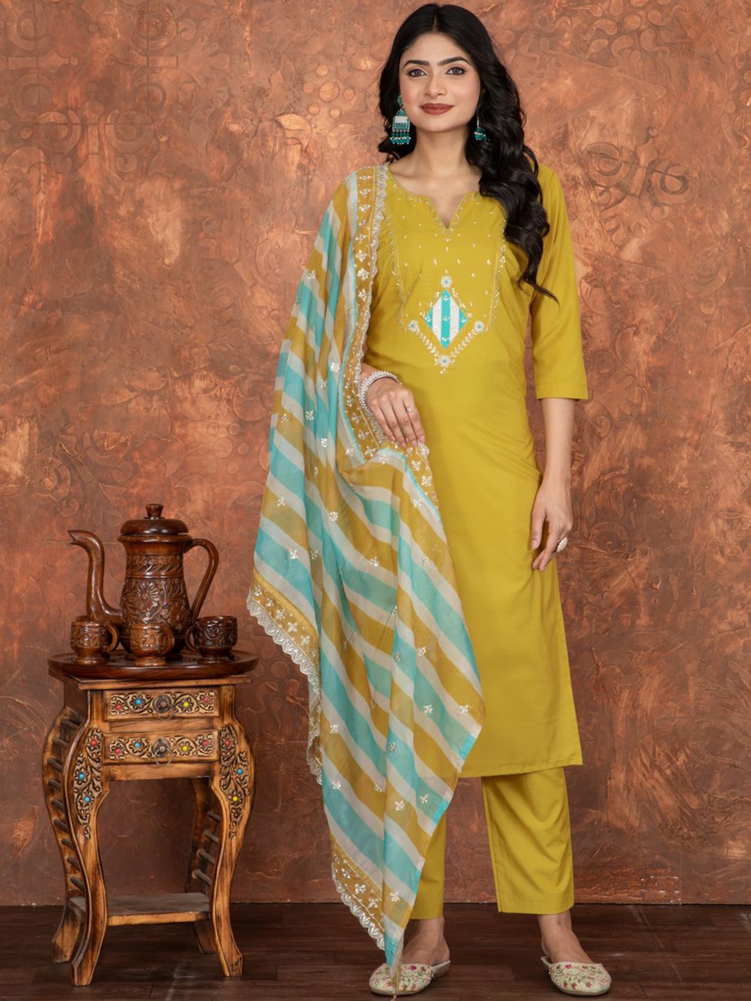 

KALINI Ethnic Motifs Embroidered Sequinned Straight Kurta With Pyjamas & Dupatta, Yellow