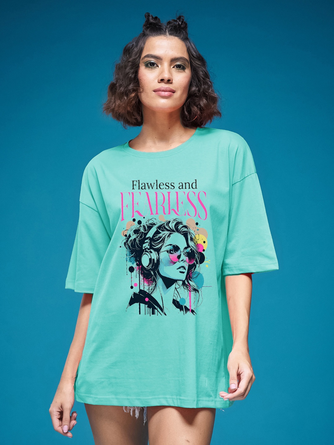 

SMARTEES Women Graphic Printed Round Neck Cotton Oversized T-shirt, Sea green