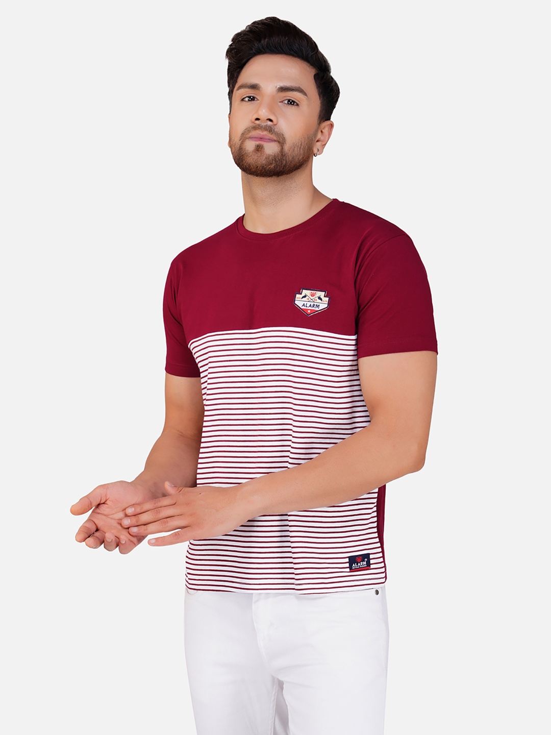 

ALARM Men Striped Round Neck Cotton T-shirt, Burgundy