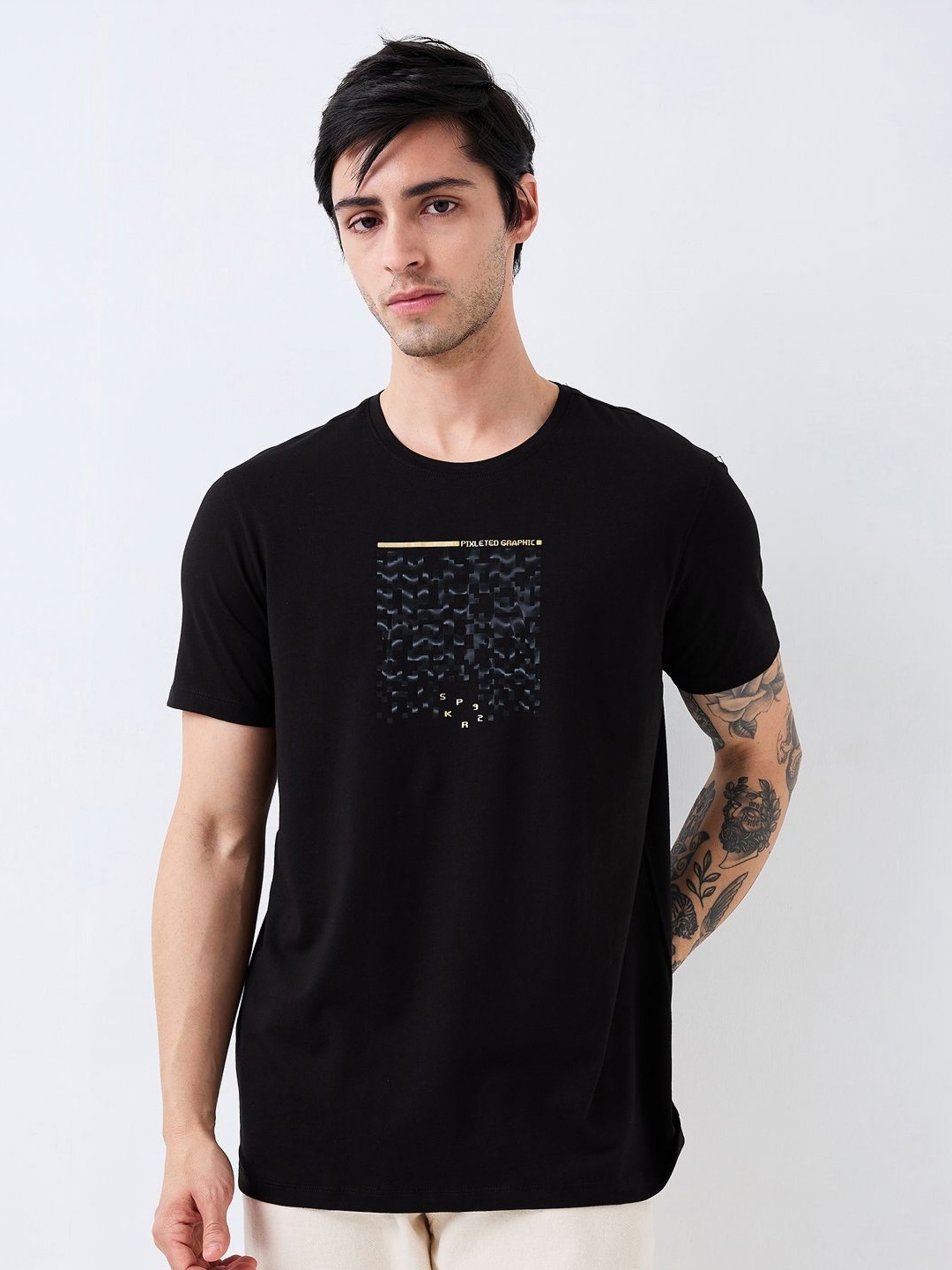 

SPYKAR Men Graphic Printed Round Neck Cotton Slim Fit T-shirt, Black