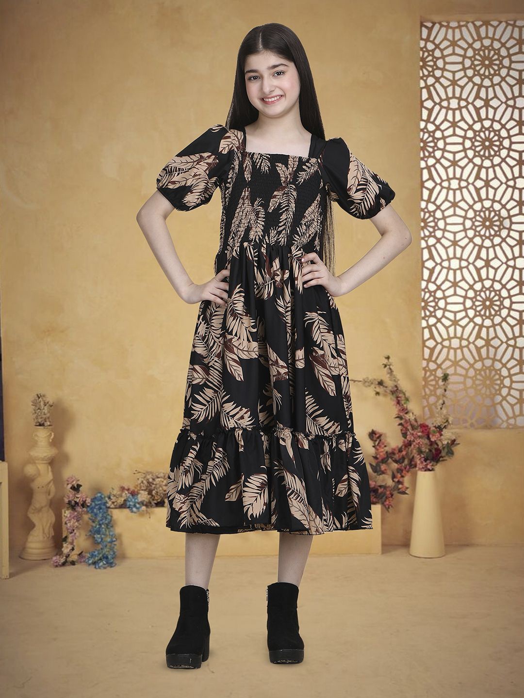 

DEKLOOK Women Puff Sleeve Crepe Formal Fit & Flare Dress, Black