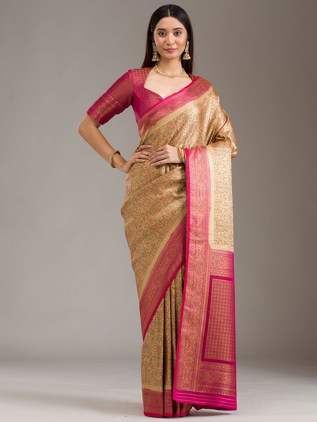 

Koskii Floral Printed Zari Saree, Beige